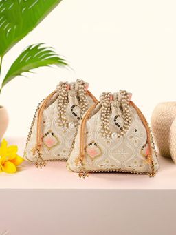 Kuber Industries - 2 Pcs Embroidery Pearl Handle Potli Bags For Women | Lakhani Print - Cream