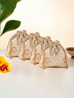 Kuber Industries - 4 Pcs Embroidery Pearl Handle Potli Bags For Women | Lakhani Print - Cream