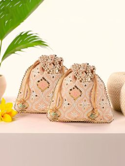 Kuber Industries - 2 Pcs Embroidery Pearl Handle Potli Bags For Women | Lakhani Print - Peach
