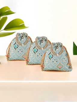 Kuber Industries - 3 Pcs Embroidery Pearl Handle Potli Bags For Women | Lakhani Print - Sky Blue