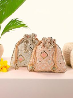 Kuber Industries - 2 Pcs Embroidery Pearl Handle Potli Bags For Women | Lakhani -Cream And Peach