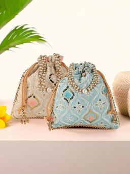 Kuber Industries - 2 Pcs Embroidery Pearl Handle Potli Bags For Women | Lakhani -Cream And Sky Blue