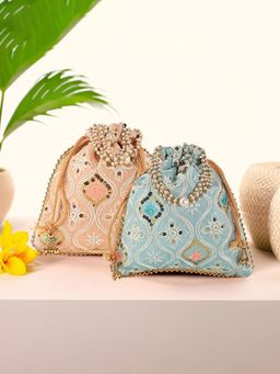 Kuber Industries - 2 Pcs Embroidery Pearl Handle Potli Bags For Women | Lakhani -Peach And Sky Blue