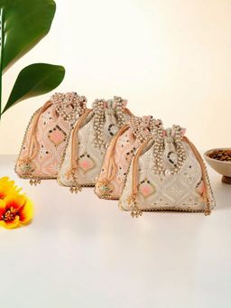 Kuber Industries - 4 Pcs Embroidery Pearl Handle Potli Bags For Women | Lakhani -Cream And Peach