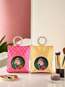 Kuber Industries - 2 Pcs Silk Clutch For Women With Zip And Handle Maharani - Rani And Yellow