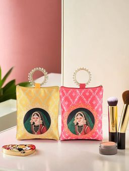 Kuber Industries - 2 Pcs Silk Clutch For Women With Zip And Handle Maharani - Yellow And Red