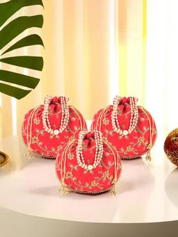 Kuber Industries - 3 Pcs Polyester Potli Bags For Women | Traditional Zari Work Potli Bag | Red