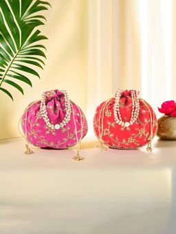 Kuber Industries - 2 Pcs Polyester Potli Bags For Women | Zari Work Potli Bag | Pink And Red