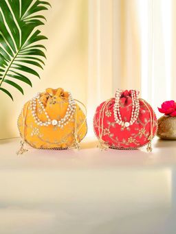 Kuber Industries - 2 Pcs Polyester Potli Bags For Women | Zari Work Potli Bag | Yellow And Red