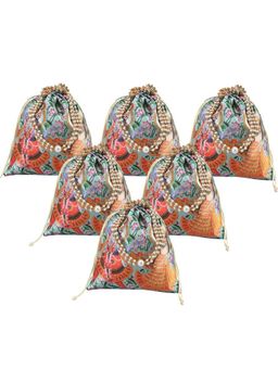 Kuber Industries - 6 Pcs 8X9 Inch Radha Krishna Print Potli Bag For Women With Pearl Handles Green