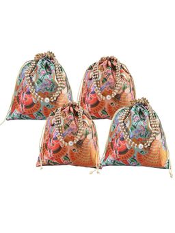 Kuber Industries - 4 Pcs 8X9 Inch Radha Krishna Potli Bag For Women And Pearl Handles Peach And Green