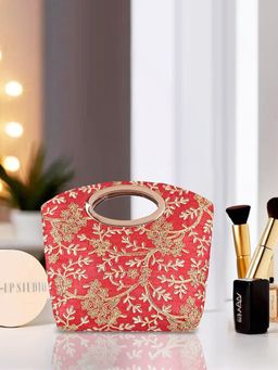 Kuber Industries - Polyester Kada Hand Clutch For Woman With Zip Embroidery Design - Coral