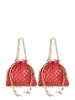 Kuber Industries - Silk Baby Shower Traditional Shagun Square Embroidery Potli Bag Pack Of 2 Red