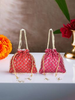 Kuber Industries - Silk Baby Shower Traditional Shagun Square Embroidery Potli Bag Pack Of 2 Multi