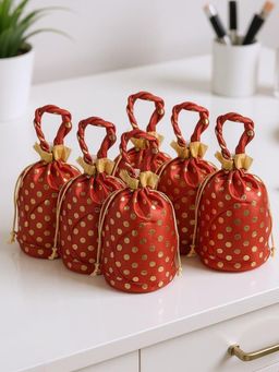 Kuber Industries - Round Baby Shower Traditional Shagun Golden Dot-Potli Bags Pack Of 6 Red
