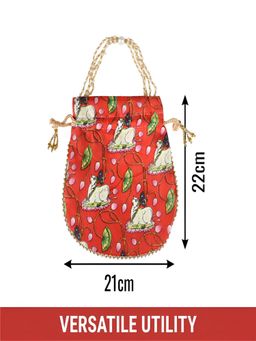 Kuber Industries - Silk With Beads Handle Cow-Design Potli Bags Pack Of 4 Red