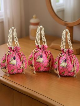 Kuber Industries - Silk With Beads Handle Cow-Design Potli Bag Pack Of 3 Pink
