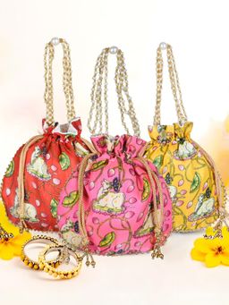 Kuber Industries - Silk With Beads Handle Cow-Design Potli Bag Pack Of 3 Multi
