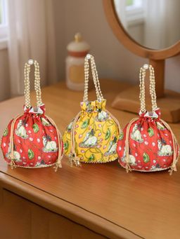 Kuber Industries - Silk With Beads Handle Potli Cow-Design Potli Bag Pack Of 3 Multi