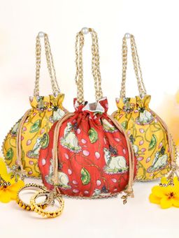 Kuber Industries - Silk With Beads Handle Cow-Design Potli Bag Pack Of 3 Multi