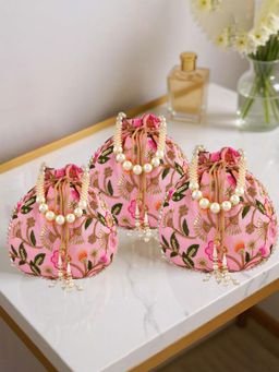 Kuber Industries - Potli Silk Potli With Beads Handle Potli New Flower Embroidery Potli Pack Of 3 Pink