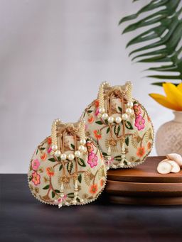 Kuber Industries - Silk With Beads Handle New Flower Embroidery Potli Bags Pack Of 2 Cream