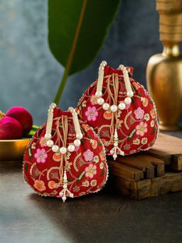 Kuber Industries - Silk With Beads Handle New Flower Embroidery Potli Bag Pack Of 2 Maroon