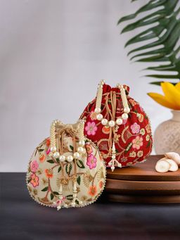 Kuber Industries - Silk Wedding With Beads Handle Flower Embroidery Potli Bag Pack Of 2