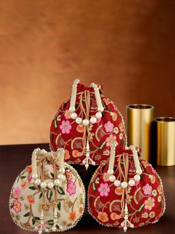 Kuber Industries - Silk With Beads Handle New Flower Embroidery Potli Bags Pack Of 3 Multi