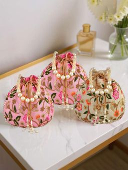 Kuber Industries - Silk With Beads Handle New Flower Embroidery Potli Bags Pack Of 3 Multi