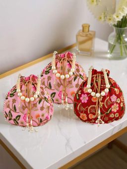 Kuber Industries - Silk With Beads Handle New Flower Embroidery Potli Bags Pack Of 3 Multi