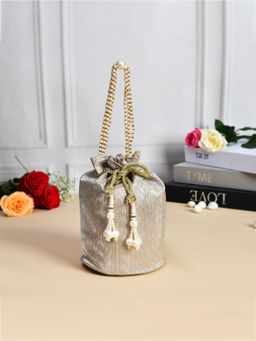 Kuber Industries - Polyester Woman Baby Shower Metallic Shining Potli Bag Golden