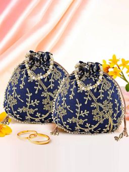 Kuber Industries - Pack Of 2 Embroidery Potli Bags For Ladies | Shagun Pouches | Dark Blue
