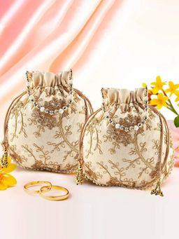 Kuber Industries - Pack Of 2 Embroidery Potli Bags For Ladies | Shagun Pouches | Cream