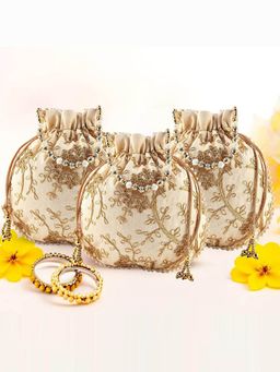 Kuber Industries - Pack Of 3 Embroidery Potli Bags For Ladies And Girls | Shagun Pouches | Cream