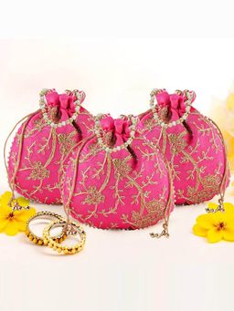Kuber Industries - Pack Of 3 Embroidery Potli Bags For Ladies And Girls | Shagun Pouches | Pink