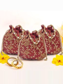 Kuber Industries - Pack Of 3 Embroidery Potli Bags For Ladies And Girls | Shagun Pouches | Red
