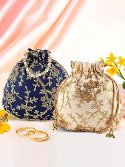 Kuber Industries - Pack Of 2 Embroidery Potli Bags | Shagun Pouches | Dark Blue And Cream