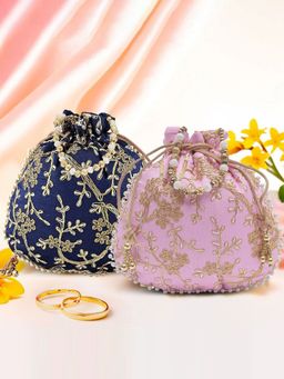 Kuber Industries - Pack Of 2 Embroidery Potli Bags | Shagun Pouches | Dark Blue And Light Pink