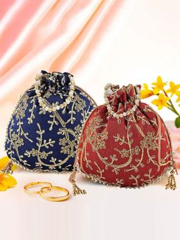 Kuber Industries - Pack Of 2 Embroidery Potli Bags | Shagun Pouches | Dark Blue And Maroon