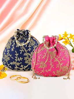 Kuber Industries - Pack Of 2 Embroidery Potli Bags | Shagun Pouches | Dark Blue And Pink