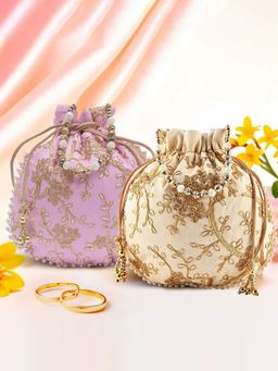 Kuber Industries - Pack Of 2 Embroidery Potli Bags | Shagun Pouches | Cream And Light Pink
