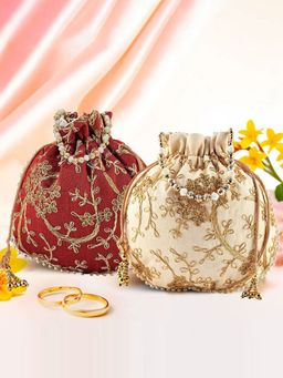 Kuber Industries - Pack Of 2 Embroidery Potli Bags | Shagun Pouches | Cream And Maroon