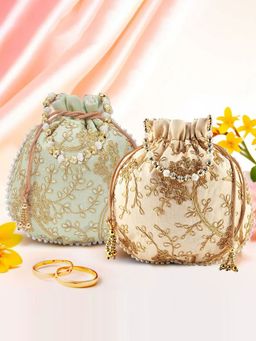 Kuber Industries - Pack Of 2 Embroidery Potli Bags | Shagun Pouches | Cream And Green
