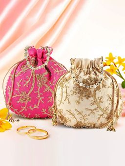 Kuber Industries - Pack Of 2 Embroidery Potli Bags | Shagun Pouches | Cream And Pink