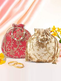 Kuber Industries - Pack Of 2 Embroidery Potli Bags | Shagun Pouches | Cream And Red