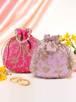 Kuber Industries - Pack Of 2 Embroidery Potli Bags | Shagun Pouches | Light Pink And Pink