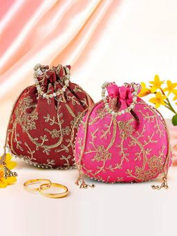 Kuber Industries - Pack Of 2 Embroidery Potli Bags | Shagun Pouches | Maroon And Pink