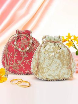 Kuber Industries - Pack Of 2 Embroidery Potli Bags | Shagun Pouches | Green And Red