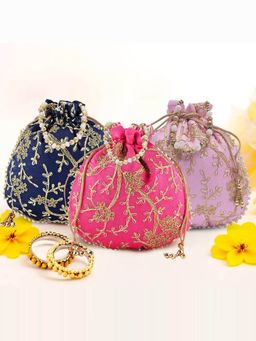 Kuber Industries - Pack Of 3 Embroidery Shagun Pouches And Potli Bag- Multi Color